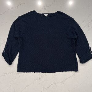 J Jill Womens XL Textured Sweater Navy Blue 100% Cotton Pullover Roll Tab Sleeve